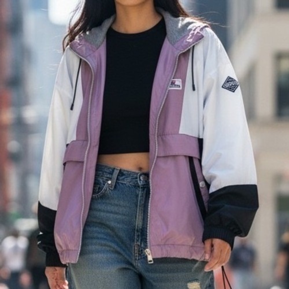 Hollister Colorblock‎ Windbreaker Half Zip Anorak Jacket Mauve Black White Large